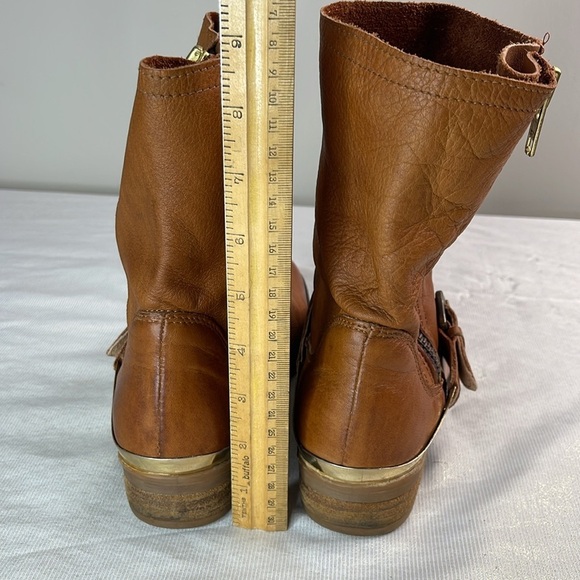 Aldo Combat Moto Western Boots Cognac Brown Distressed Leather Brass Heel 38.5EU - Picture 7 of 12